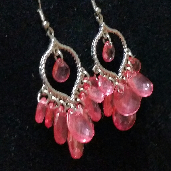 Silver & Pink Gem 2.5" Dangle Earrings - Picture 2 of 3